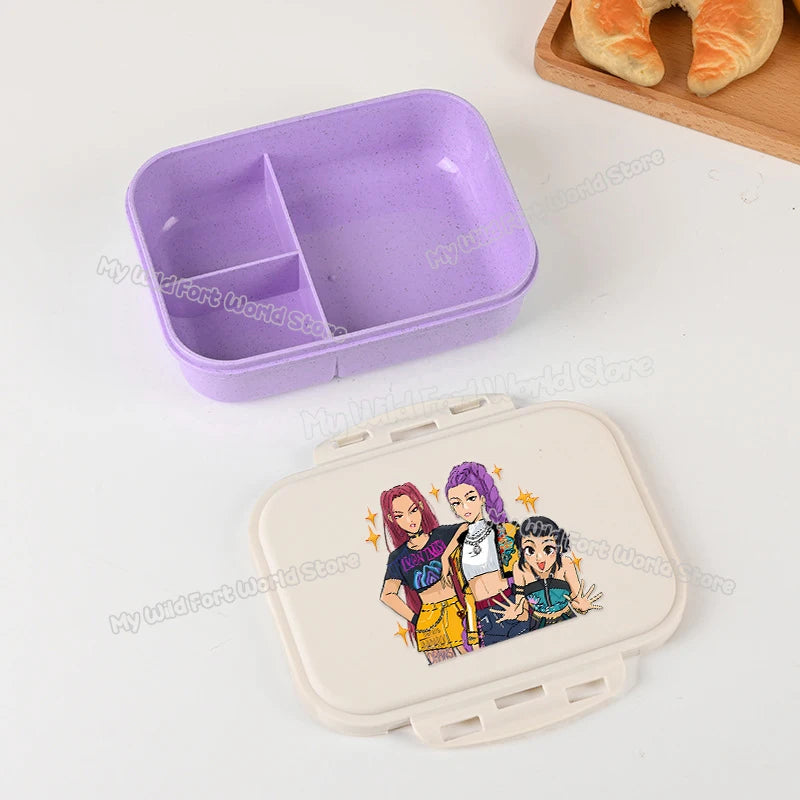 Boîte à lunch Kpop Demon Hunters pour garçon/fille, mignonne Mira Zoey Jinu, boîte bento portable en plastique avec vaisselle et récipient pour aliments et fruits