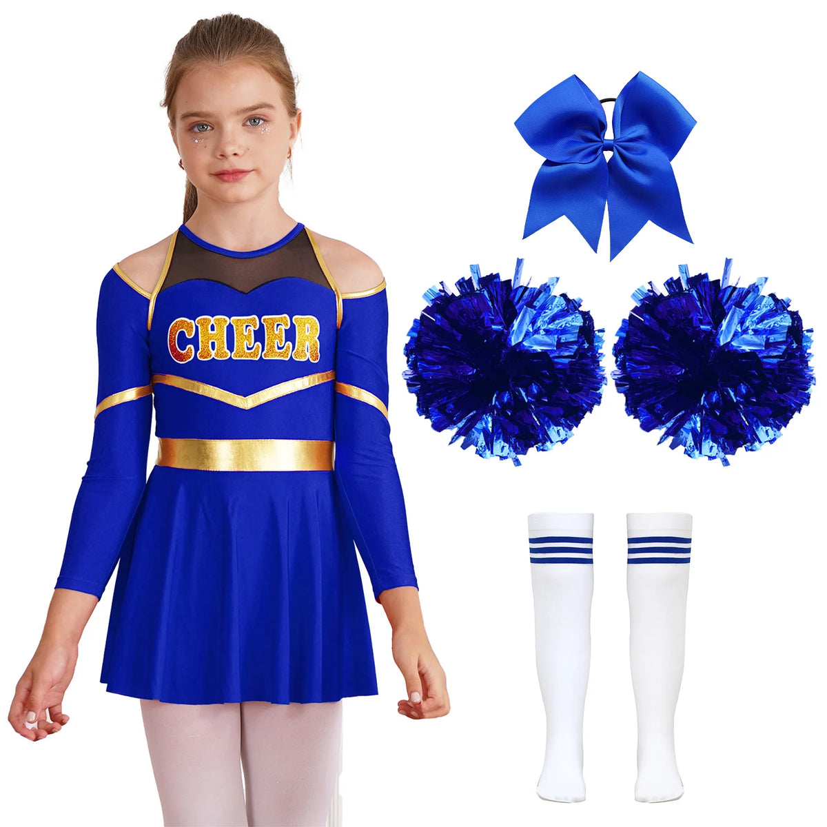 Costume de pom-pom girl pour filles, uniforme de pom-pom girl, tenue de danse scolaire, épaules dénudées, manches longues, robe de danse avec accessoires
