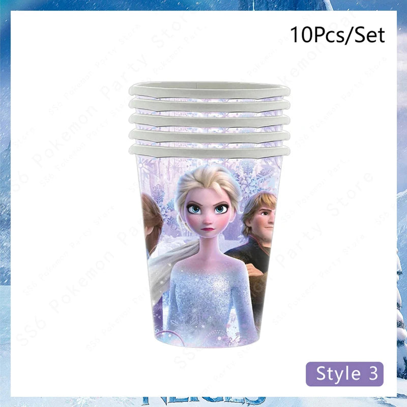 Kit de décoration pour fête d'anniversaire Disney Elsa La Reine des Neiges : vaisselle jetable, gobelets en papier, nappes, assiettes et sacs