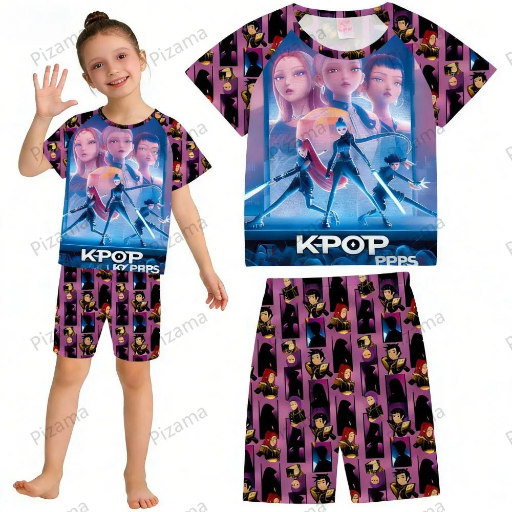 Ensemble pyjama d'été à manches courtes Kpop Demon Hunter pour filles, vêtements de nuit pour enfants, pyjamas pour enfants, costume de cosplay Rumi Zoey Huntrix