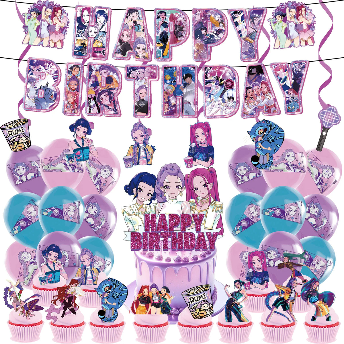 Décorations de fête d'anniversaire sur le thème des chasseurs de démons K-pop, dessinées à la main : cake topper, banderole de ballons, décor pour baby shower de fille