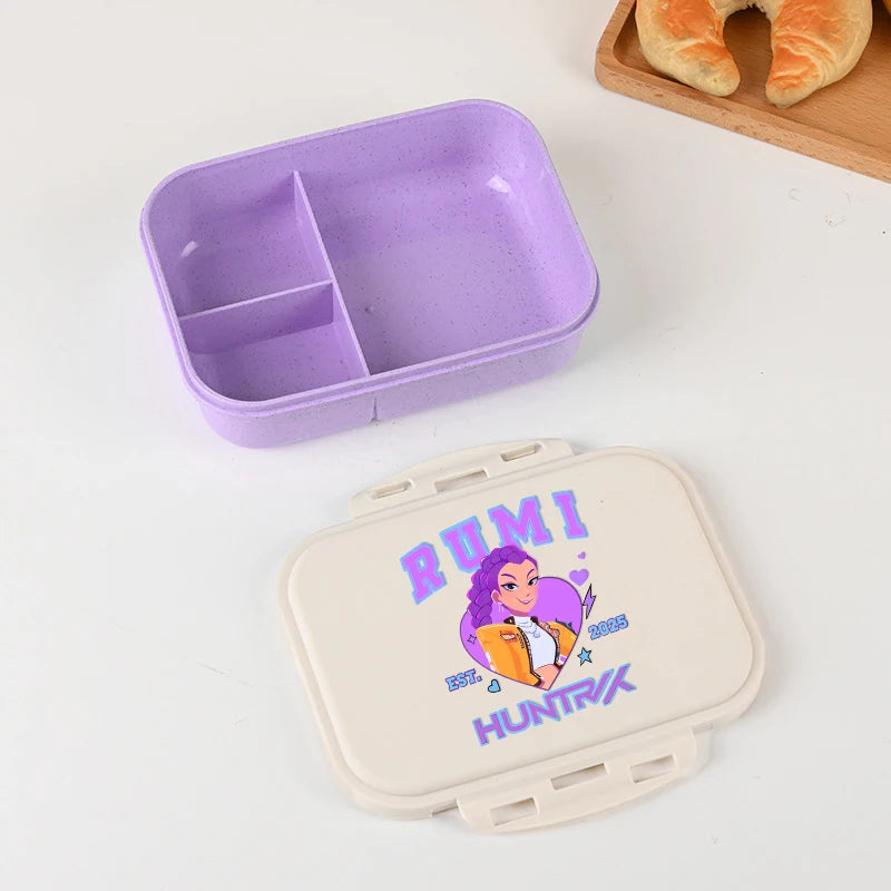 Boîte à lunch Kpop Demon Hunters pour garçon/fille, mignonne Mira Zoey Jinu, boîte bento portable en plastique avec vaisselle et récipient pour aliments et fruits