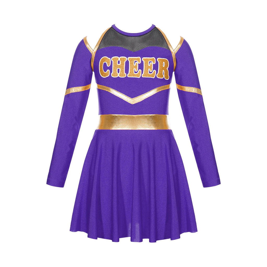 Costume de pom-pom girl pour filles, uniforme de pom-pom girl, tenue de danse scolaire, épaules dénudées, manches longues, robe de danse avec accessoires