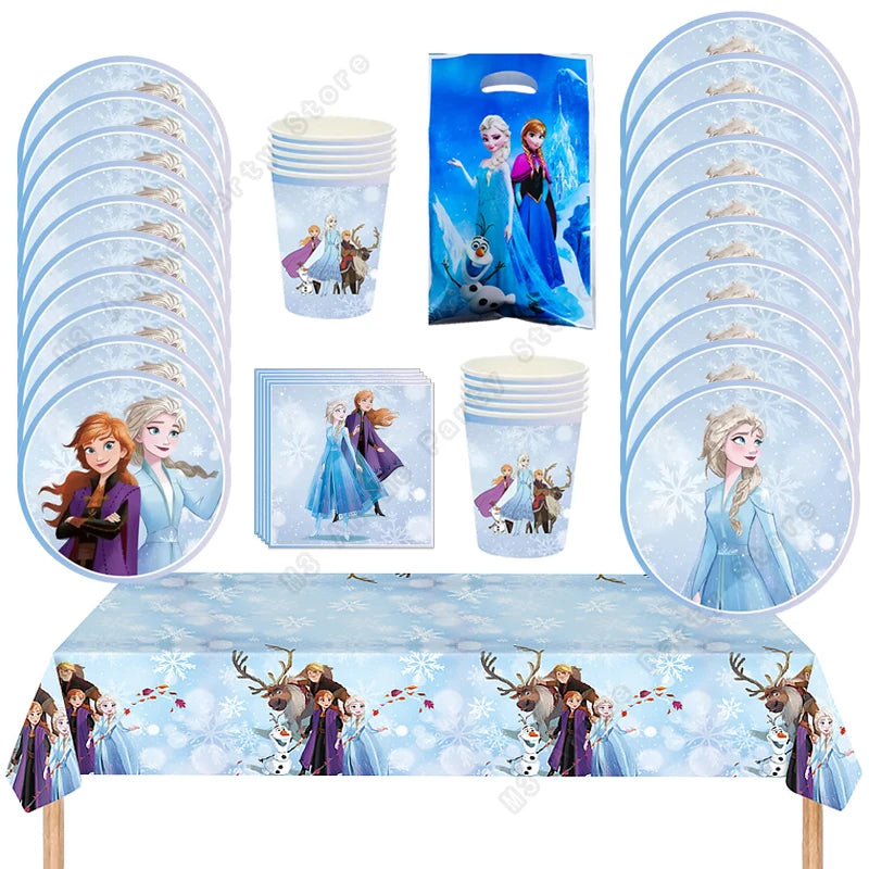 Kit de décoration pour fête d'anniversaire Disney Elsa La Reine des Neiges : vaisselle jetable, gobelets en papier, nappes, assiettes et sacs