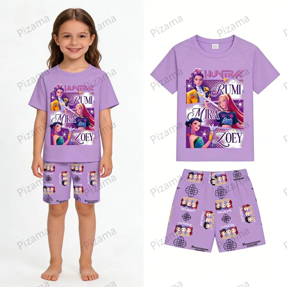Ensemble pyjama d'été à manches courtes Kpop Demon Hunter pour filles, vêtements de nuit pour enfants, pyjamas pour enfants, costume de cosplay Rumi Zoey Huntrix