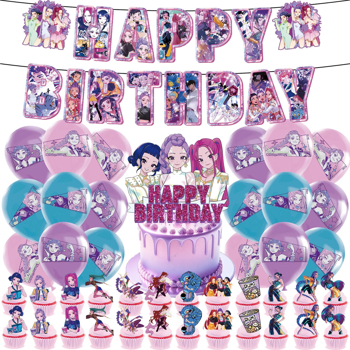 Décorations de fête d'anniversaire sur le thème des chasseurs de démons K-pop, dessinées à la main : cake topper, banderole de ballons, décor pour baby shower de fille