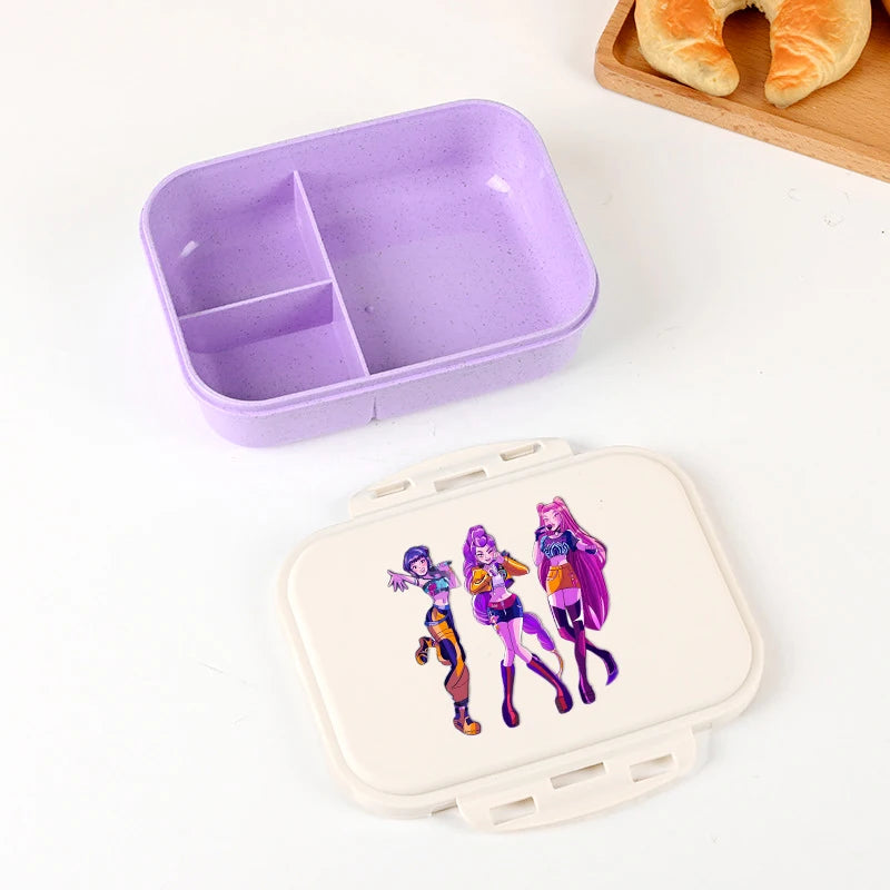 Boîte à lunch Kpop Demon Hunters pour garçon/fille, mignonne Mira Zoey Jinu, boîte bento portable en plastique avec vaisselle et récipient pour aliments et fruits