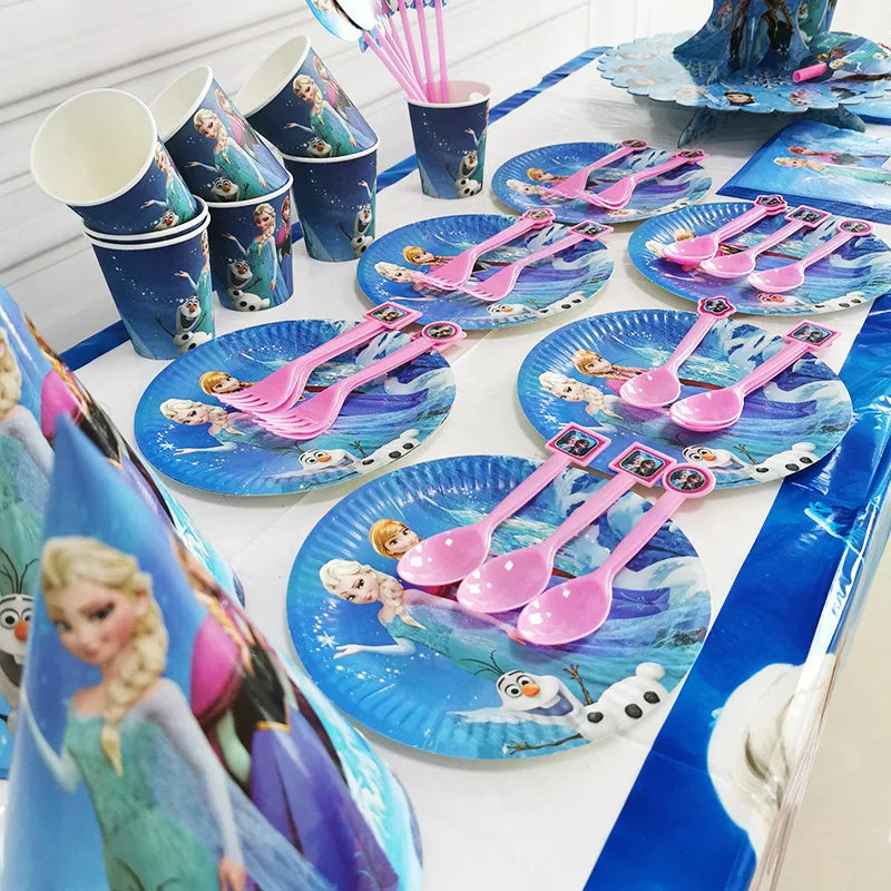 Assiettes jetables Disney Reine des Neiges, couverts, décorations de fête d'anniversaire Anna et Elsa, assiettes et gobelets pour enfants, articles de fête pour baby shower