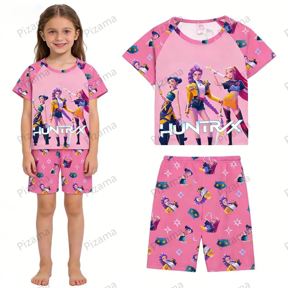 Ensemble pyjama d'été à manches courtes Kpop Demon Hunter pour filles, vêtements de nuit pour enfants, pyjamas pour enfants, costume de cosplay Rumi Zoey Huntrix
