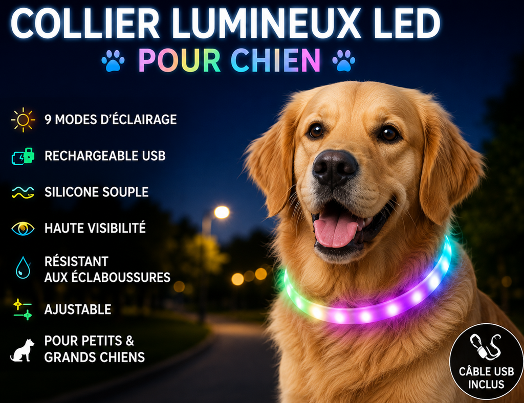Collier Lumineux LED Rechargeable USB pour Chien – Sécurité & Visibilité Nocturne