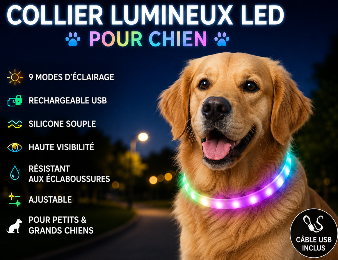 Collier Lumineux LED Rechargeable USB pour Chien – Sécurité & Visibilité Nocturne