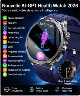 AI-GPT Health Watch 2026 – Montre Connectée Santé Premium ECG & Appels Bluetooth